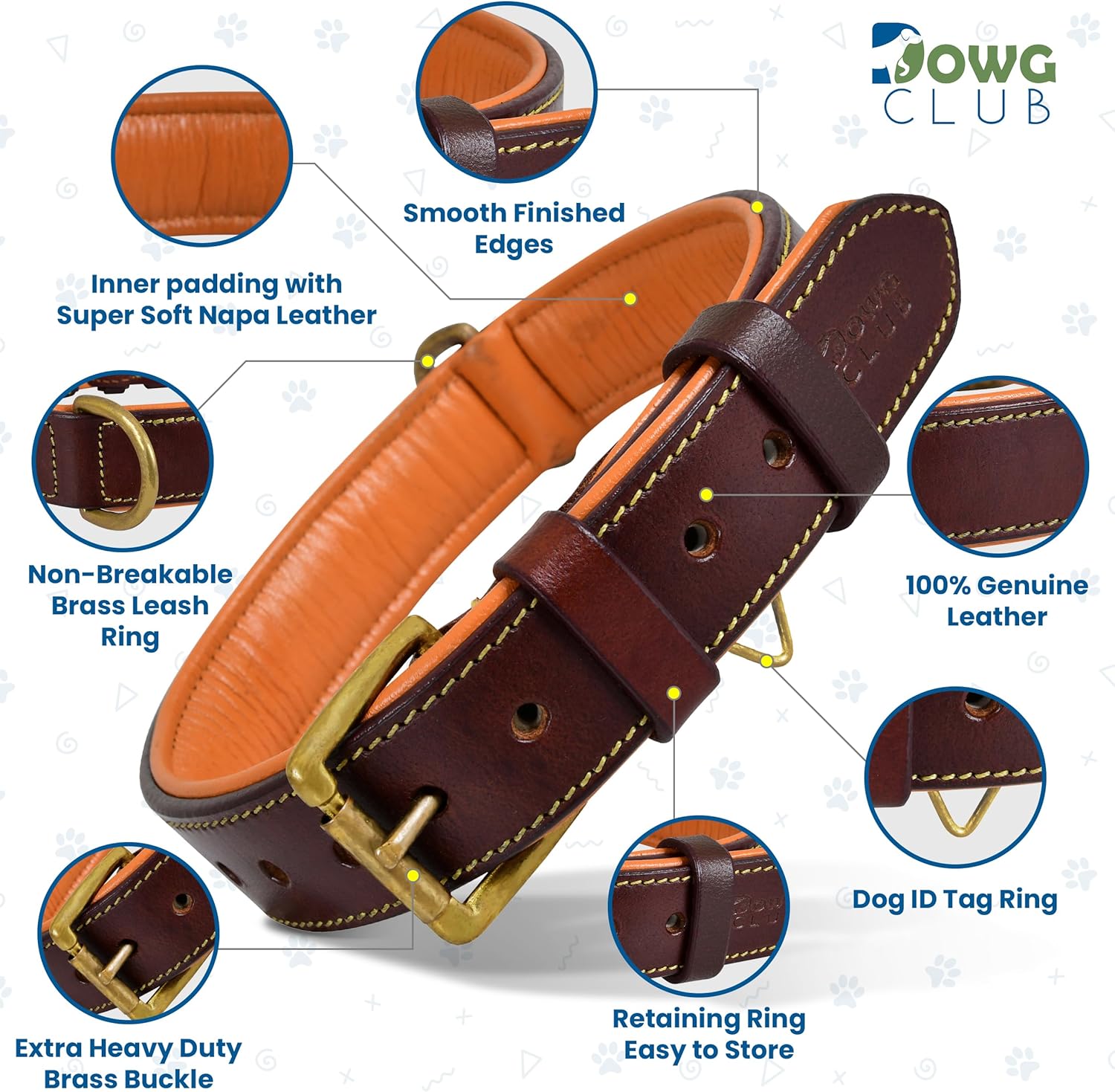 DowgClub | Genuine Leather Dog Collar | Full Grain, Heavy Duty | Comfortable, Strong | Best for Pups, Small, Medium & Large Breeds | Pink, Brown, Black, Tan - PuriLite
