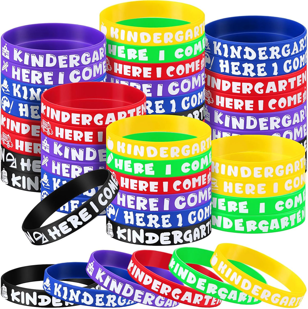 Simgoing 60 Pcs Kindergarten Here I Come Rubber Bracelets Kindergarten Here I Come Party Wristbands Supplies Colored Silicone Bracelets