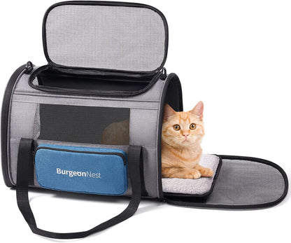 BurgeonNest Cat Carriers for Medium Cats Under 25 lbs, Pet Carrier for Cats with Unique Side Bag,Top Load Small Pet Carrier Soft-Sided Escape Proof with 4 Ventilated Windows - PuriLite