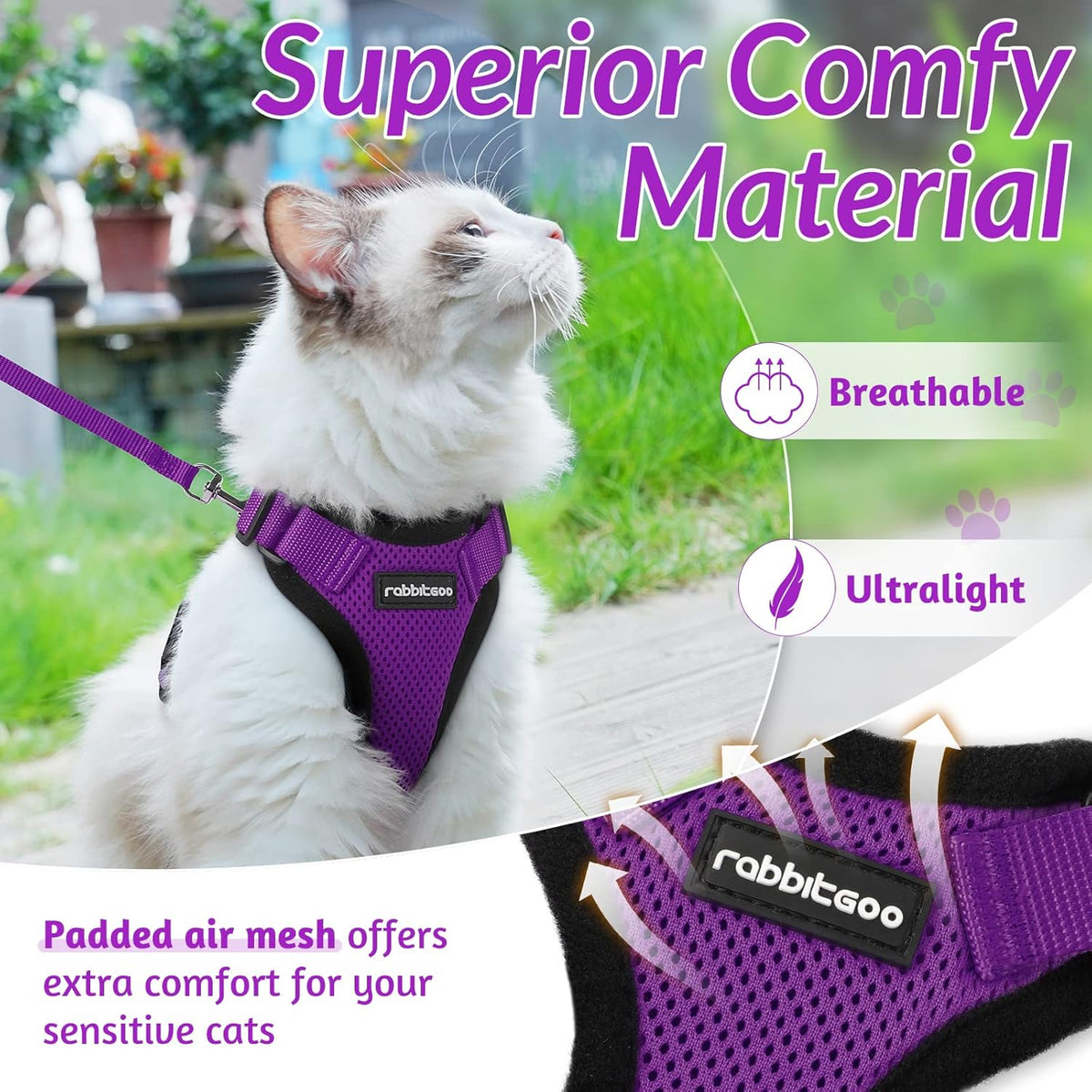 rabbitgoo Cat Harness and Leash for Walking, Escape Proof Soft Adjustable Vest Harnesses for Small Medium Cats, Easy Control Breathable Reflective Strips Jacket, XS, Black - PuriLite