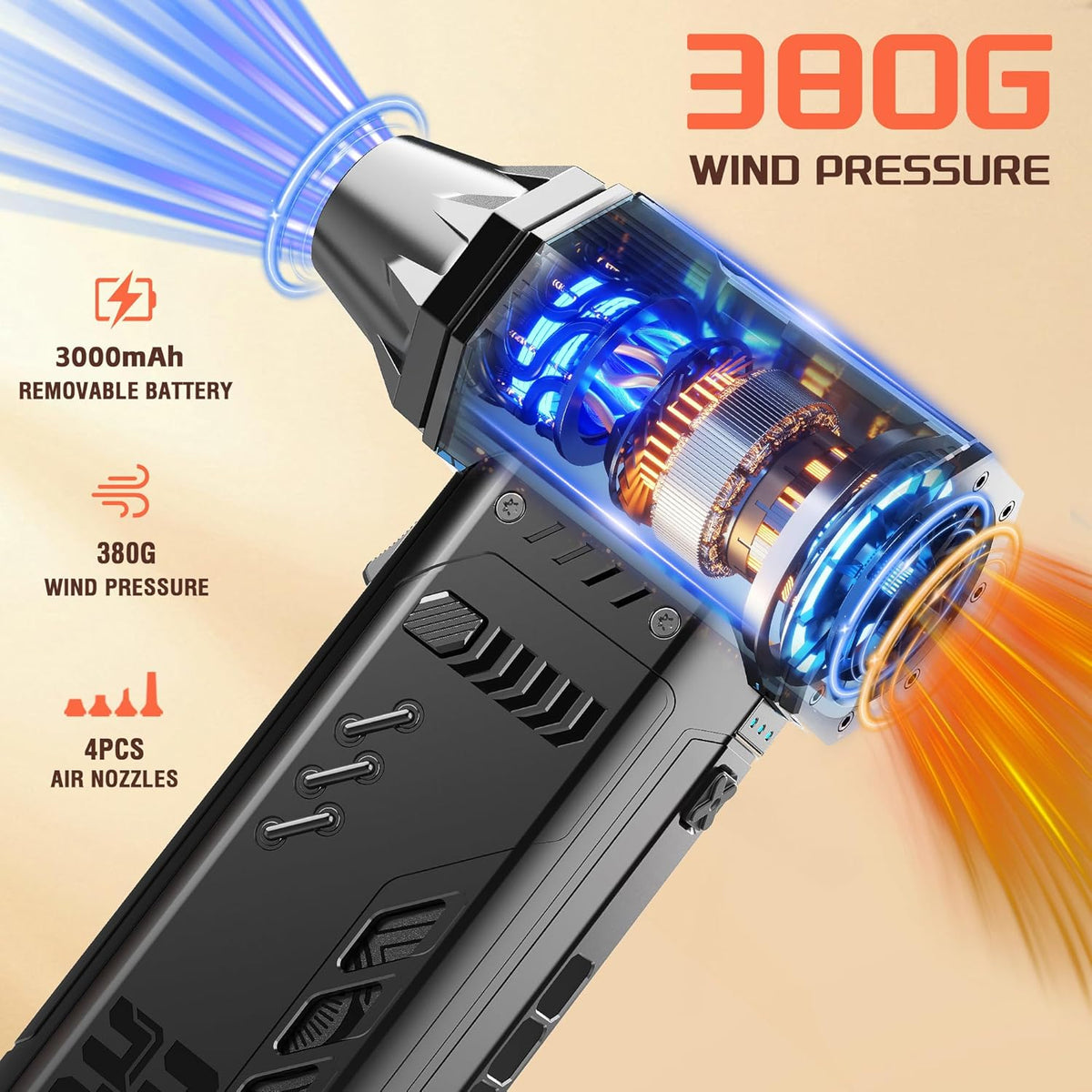 X301 Compressed Air Duster-250000RPM Super Power Electric Air Duster, Replaceable Batteries,Long Life mini Blower, 3-Gear Adjustable,4 nozzles for Computer, Keyboard, Outdoors and Car Cleaning - PuriLite