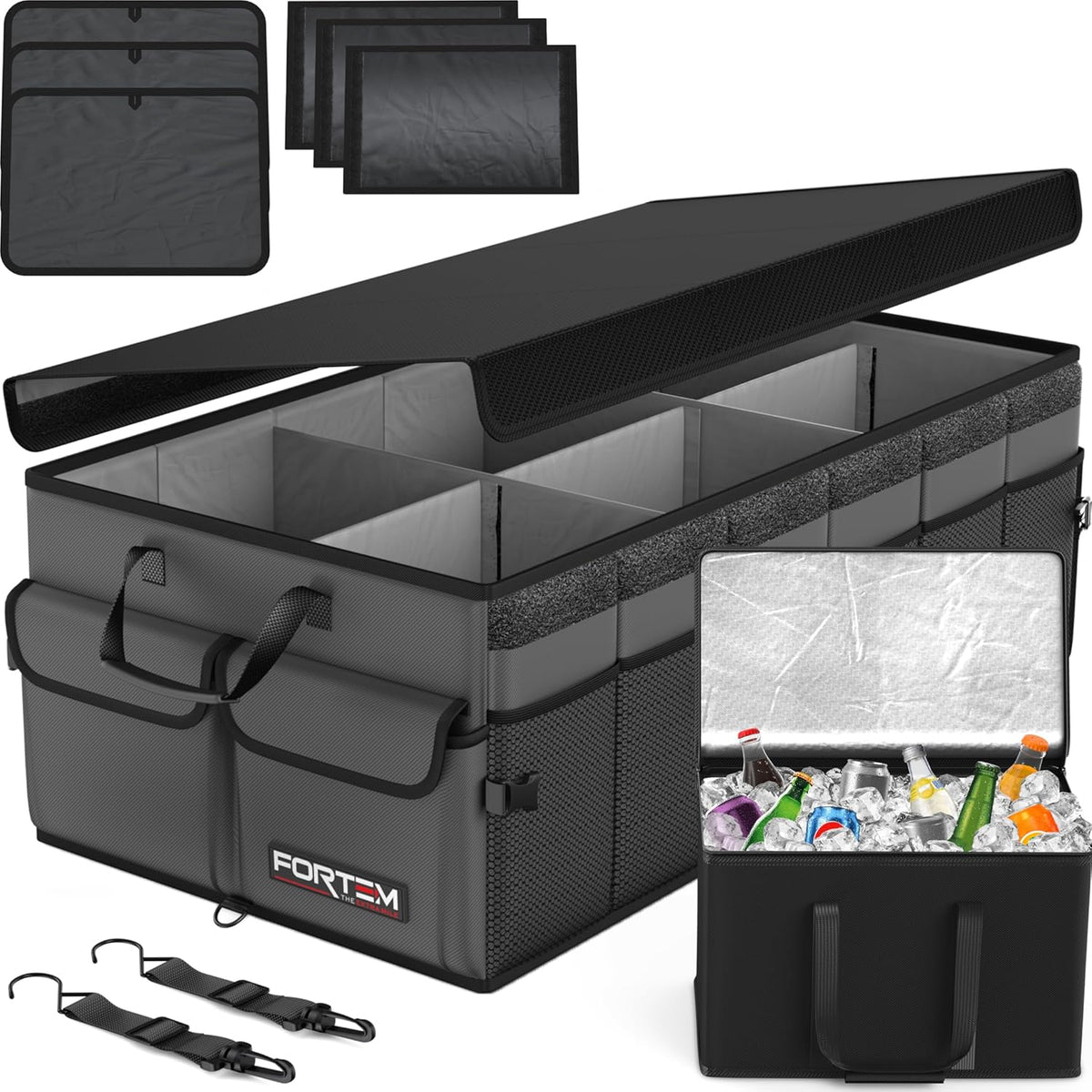 FORTEM Car Trunk Organizer, Collapsible Multi Compartment Car Organizer, Foldable SUV Storage for Car Accessories for Women Men, Non Slip Bottom, Securing Straps, Soft Cover 50L (Black, Standard) - PuriLite