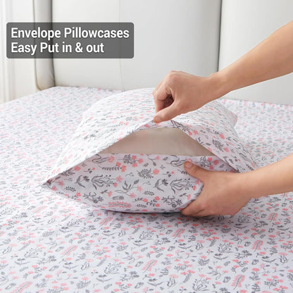 Viviland Floral Queen Sheet Set - 4 Piece Vintage Pink & Yellow Flower Patterned Bed Sheets - Soft, Breathable Microfiber Sheets with Deep Pocket, Non-Slip Fitted Sheets & Pillowcases - PuriLite