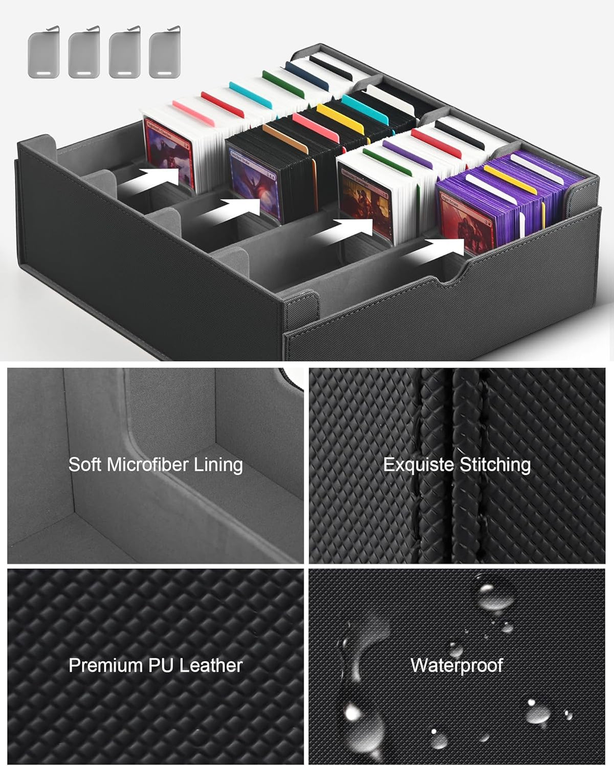 ZLCA Card Storage Box for MTG PTCG, Commander Deck Box Holds 3000+ Cards, Card Storage Case with 4 Stoppers, Card Organizer for TCG Sport Cards (Black) - PuriLite