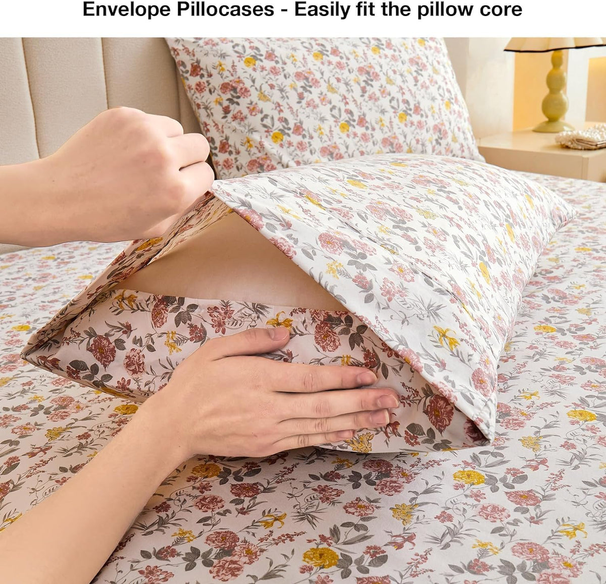 Viviland Floral Queen Sheet Set - 4 Piece Vintage Pink & Yellow Flower Patterned Bed Sheets - Soft, Breathable Microfiber Sheets with Deep Pocket, Non-Slip Fitted Sheets & Pillowcases - PuriLite