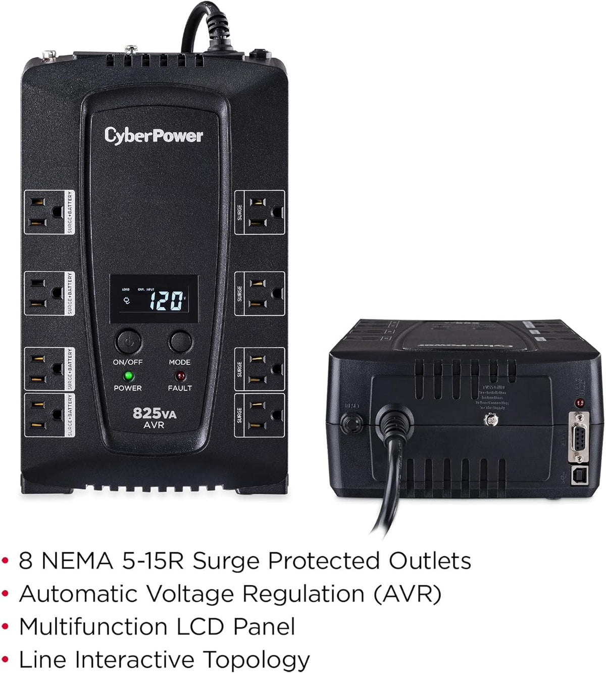 CyberPower CP825AVRLCD Intelligent LCD UPS System, 825VA/450W, 8 Outlets, AVR, Compact - PuriLite