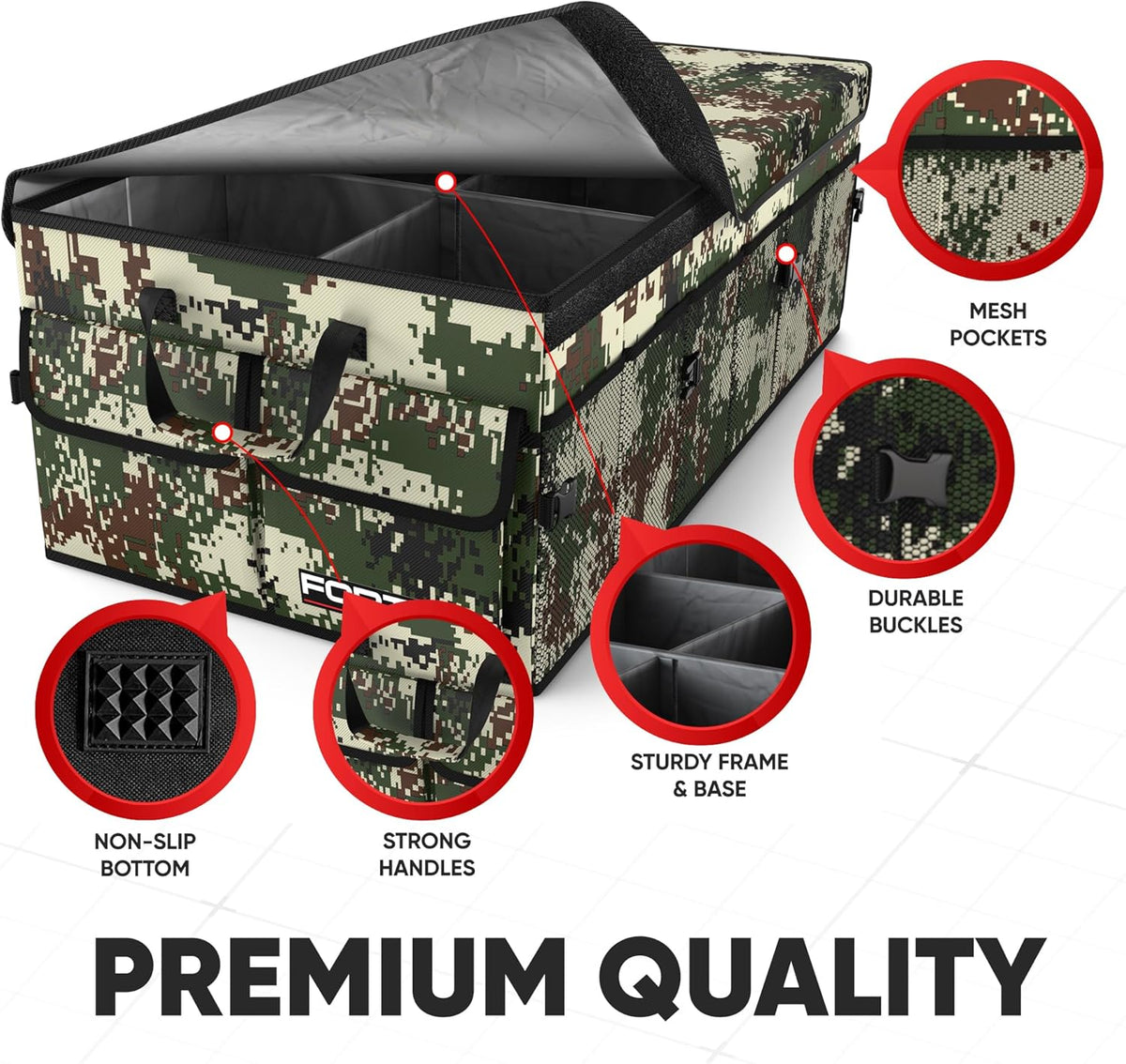 FORTEM Car Trunk Organizer, Collapsible Multi Compartment Car Organizer, Foldable SUV Storage for Car Accessories for Women Men, Non Slip Bottom, Securing Straps, Soft Cover 50L (Black, Standard) - PuriLite