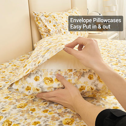 Viviland Floral Queen Sheet Set - 4 Piece Vintage Pink & Yellow Flower Patterned Bed Sheets - Soft, Breathable Microfiber Sheets with Deep Pocket, Non-Slip Fitted Sheets & Pillowcases - PuriLite