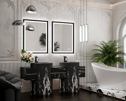 TETOTE 28x36 LED Mirror for Bathroom Black Metal Frame Frontlit & Backlit Lighted Vanity Mirror Baroque Gothic Anti Fog Stepless Dimmable White/Warm/Natural,Wall Mounted(Horizontal/Vertical) - PuriLite