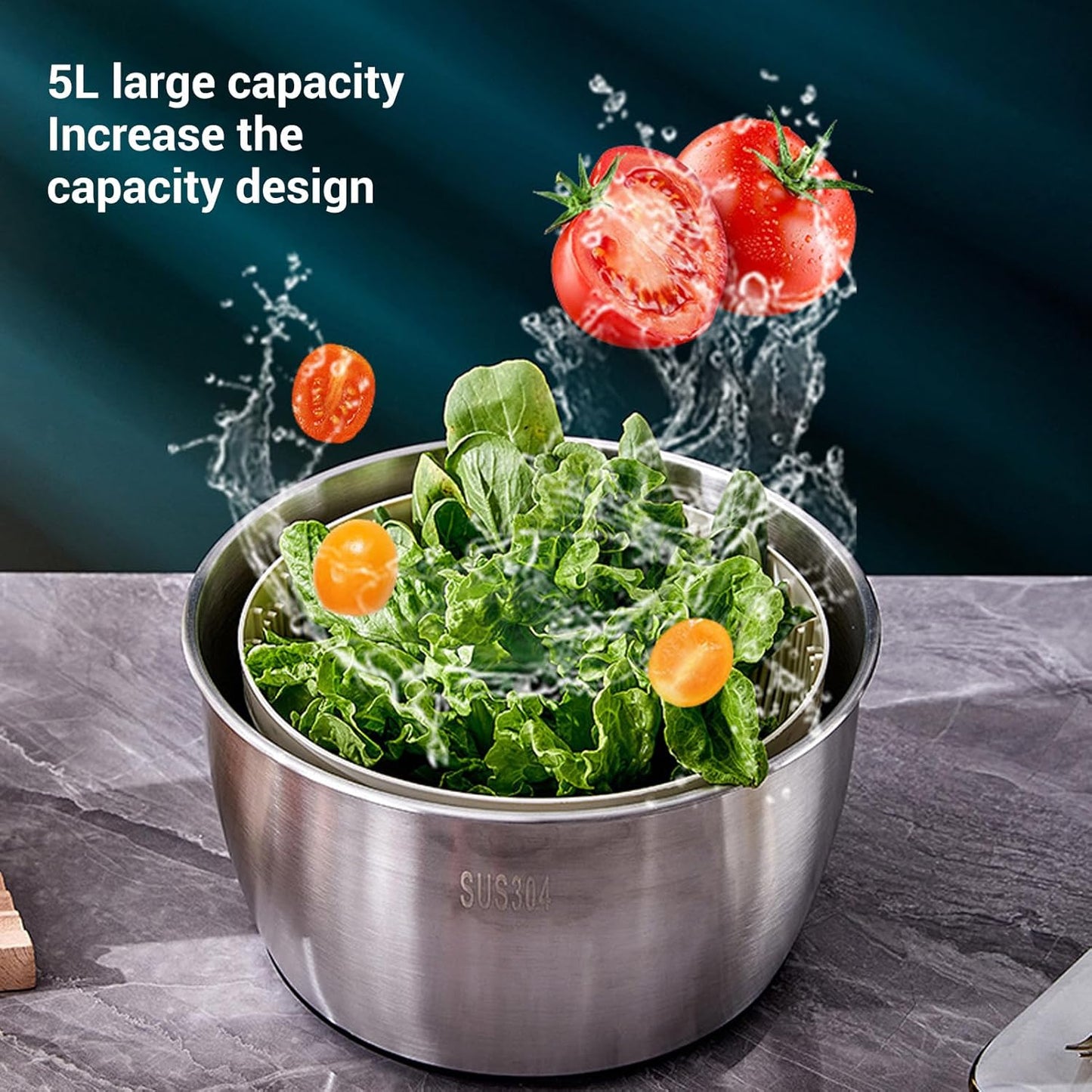 Stainless Steel Salad Spinner, Fruit Vegetable Dryer, Spin and Dry Salad Greens, Drainer & Colander Bowl, Pasta and Fries Spinner, Non Slip Design, 5L Capacity - PuriLite