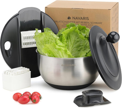 Navaris Salad Spinner with Lid - Salad Spinner Stainless Steel - Salad Dryer - Easy Washing, Drying and Spinning - Includes Grating and Slicing Discs - PuriLite