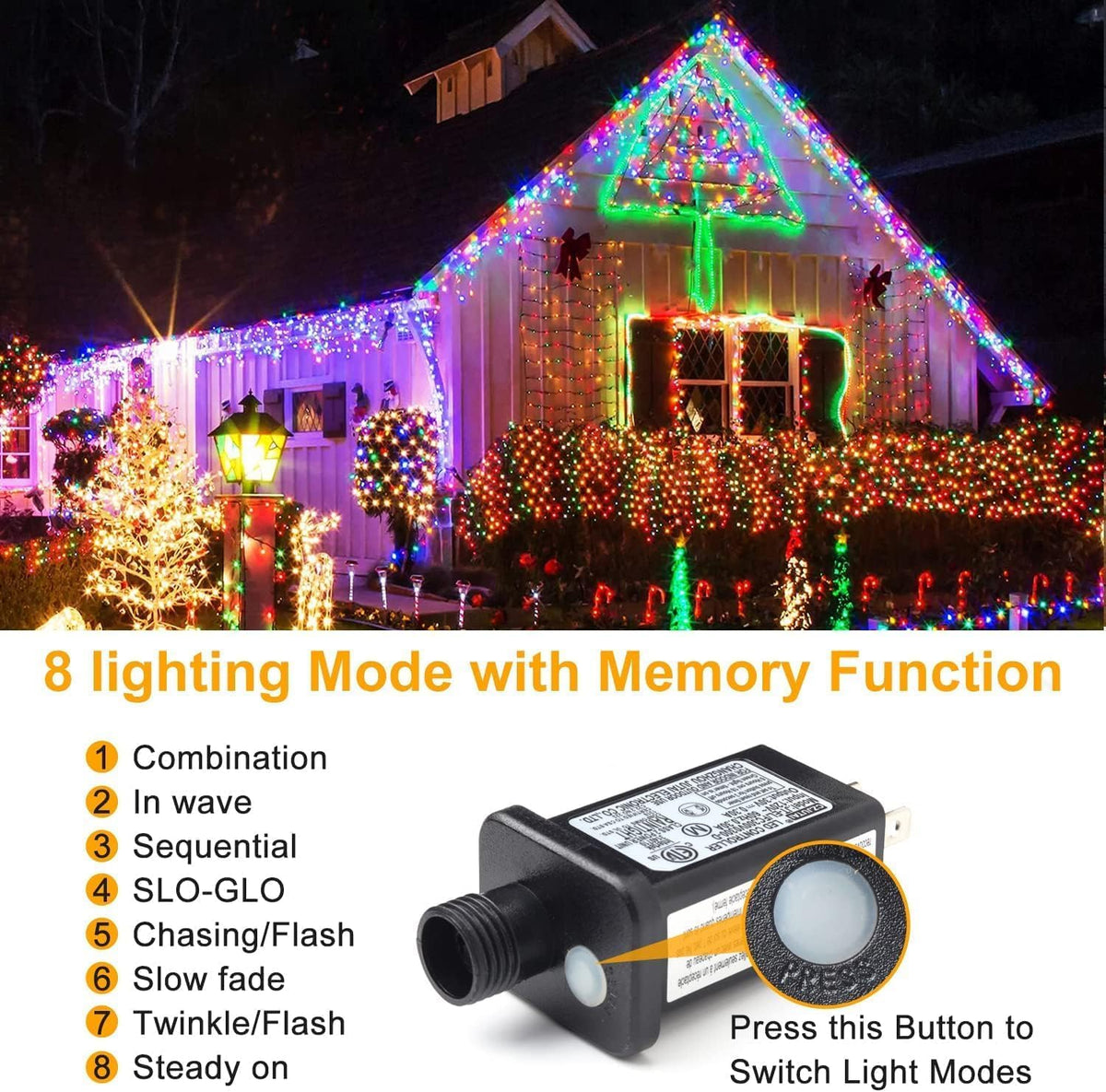 Haili Halloween Lights Outdoor, 105 FT 300 LED Halloween String Lights with Memory Function, Plug in 8 Mode String Lights for Halloween,Christmas,Party, Patio, House Decoration (Purple Orange) - PuriLite