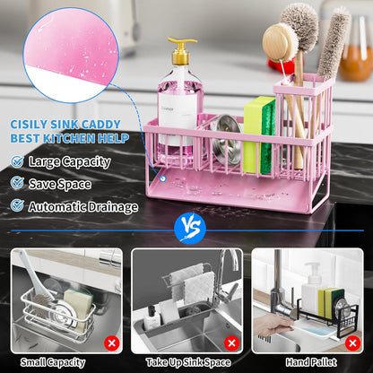Cisily Kitchen Sink Caddy Organzier with High Brush Holder, Sponge Holder for Sink, 304 Rustproof Stainless, Kitchen Countertop Soap Dispenser Organizer, Kitchen Decor and Accessories (Black) - PuriLite