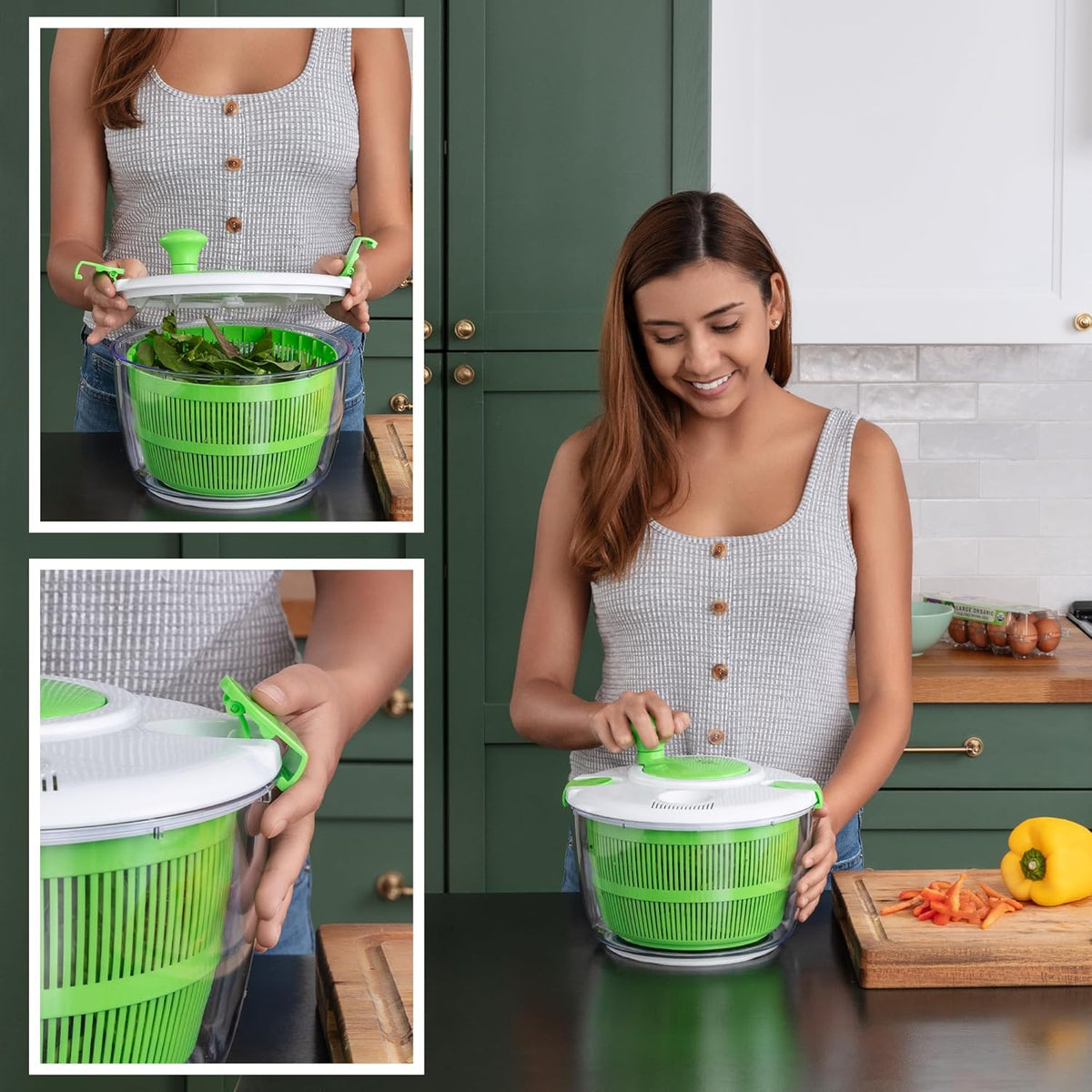 Zulay Kitchen Salad Spinner Large 5L Capacity - Manual Lettuce Spinner with Secure Lid Lock & Rotary Handle - Easy to Use Salad Spinners with Bowl, Colander & Built-in Draining System (Green) - PuriLite