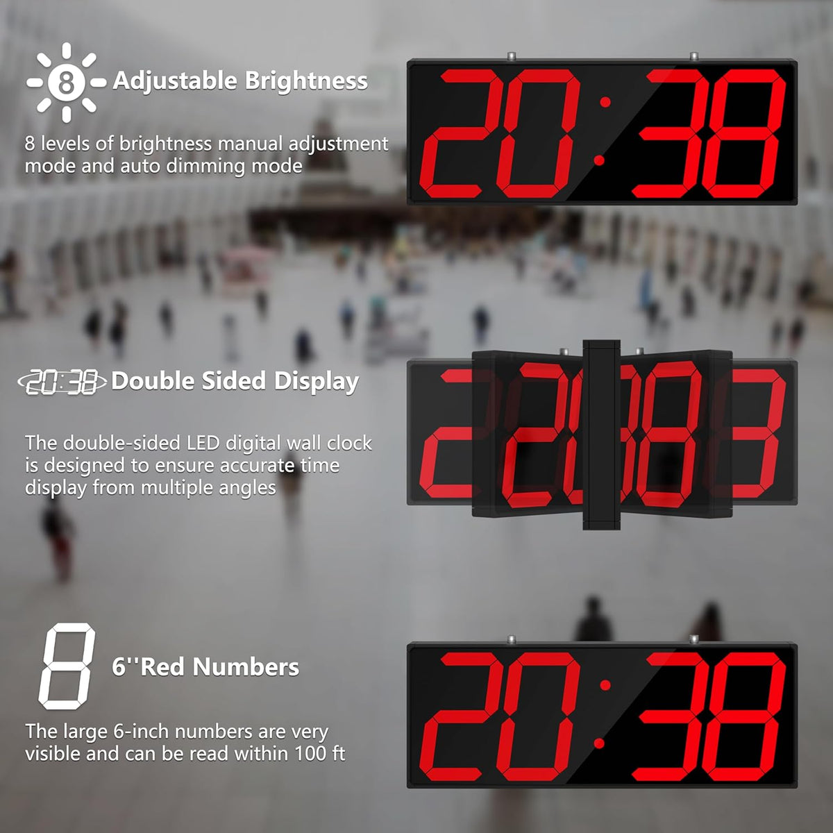 CHKOSDA Digital Wall Clock with Double Sided Display, Large Digital Clock with Timer,Alarm,Temperature and Date,Two Faced Hanging Wall Clock with 6''Number (White) - PuriLite