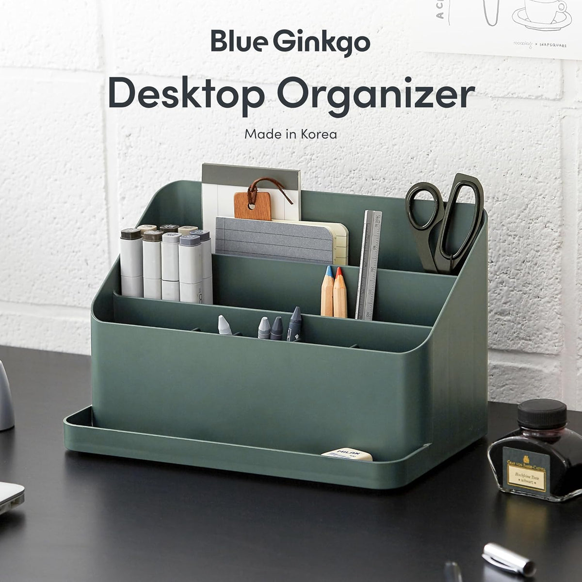 Green Desk Organizer Tray with 6 Compartments, Sloped Desktop Storage for Pens, Notes, Mail, and Office Supplies - PuriLite