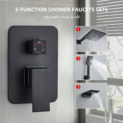 LCEVCGK Shower Faucet Set Complete Matte Black Shower System with 8 inch Square Rainfall Shower Head 3-Function Handheld Shower Waterfall Bathtub Spout Rain Shower Combo Set Bathroom Wall Mounted - PuriLite