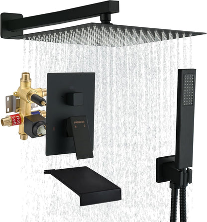 Fransiton Shower System Rain Shower System Set Ceiling Mounted, Rainfall Shower Head with Handheld, Bathroom Shower Kit (Valve Included) (8" - Wall Mount, Matte Black) - PuriLite