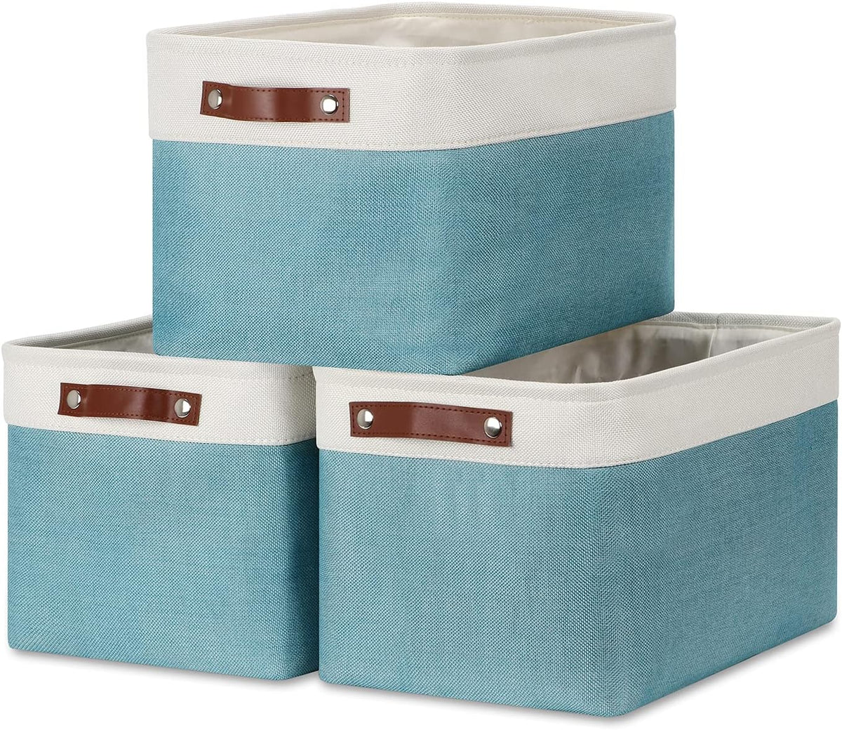 DULLEMELO Storage Baskets for Shelves, Fabric Collapsible Rectangular Storage Bins for Shelves, Closets, Nursery, Home, Office, Empty Gift Baskets (White&Teal) - PuriLite
