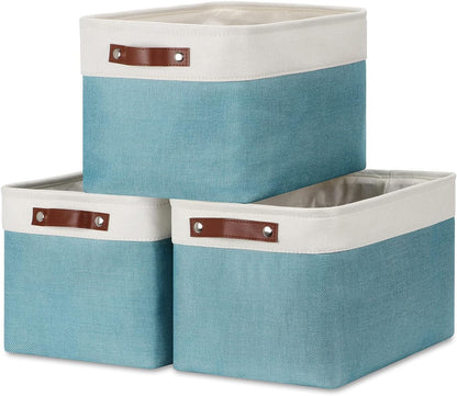 DULLEMELO Storage Baskets for Shelves, Fabric Collapsible Rectangular Storage Bins for Shelves, Closets, Nursery, Home, Office, Empty Gift Baskets (White&Teal) - PuriLite