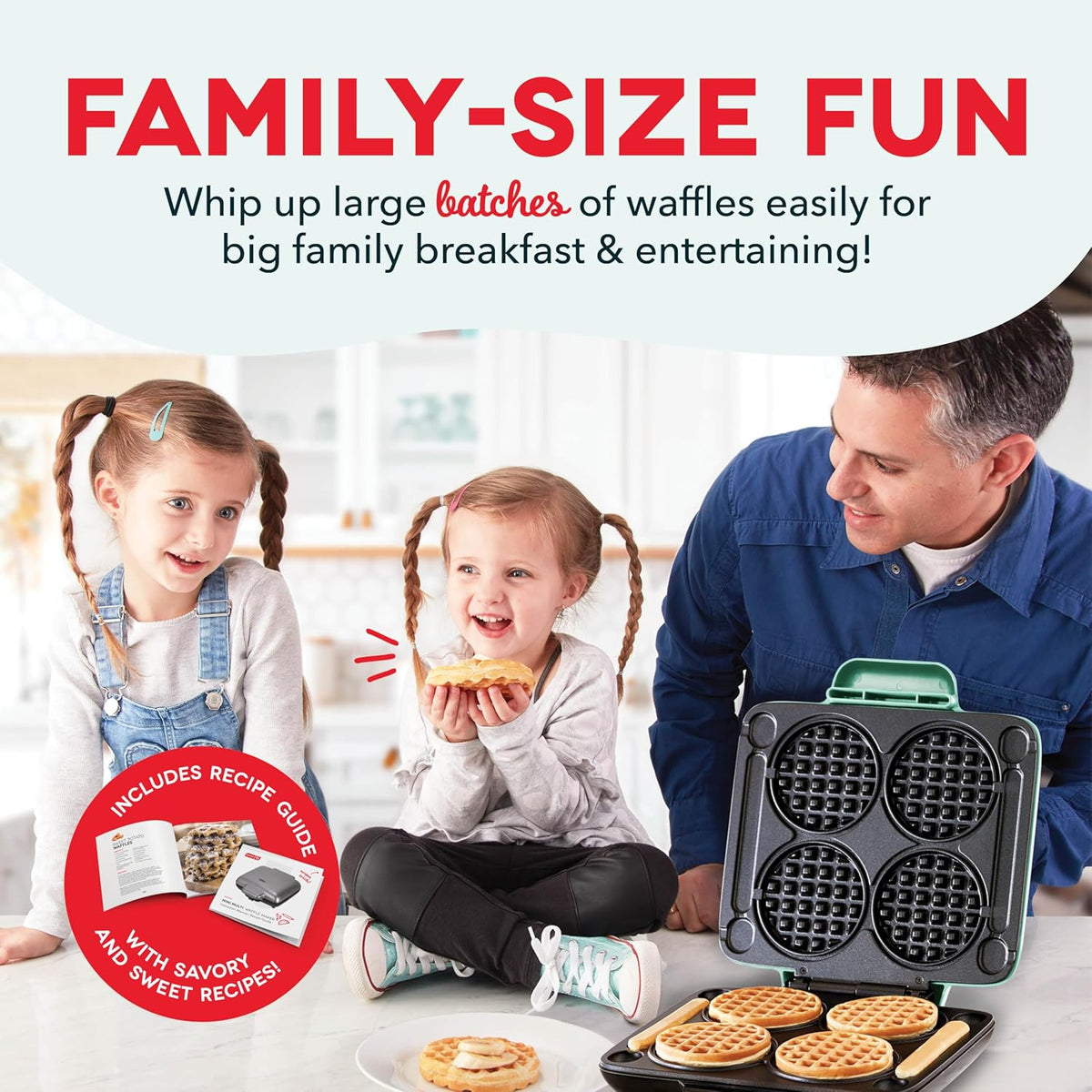 DASH Multi Mini Waffle Maker: Four Mini Waffles, Perfect for Families and Individuals, 4 Inch Dual Non-stick Surfaces with Quick Release & Easy Clean - Aqua - PuriLite