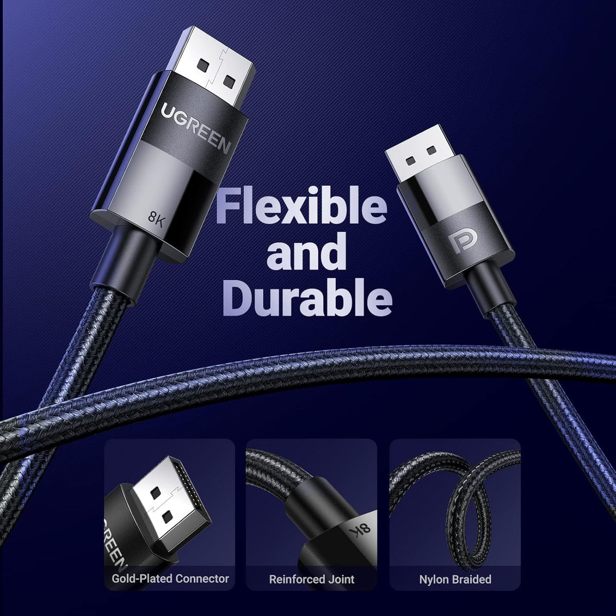 UGREEN VESA Certified DisplayPort 1.4 Cable, DP 8K@60Hz, 4K@144Hz, 1080P@240Hz, Support 32.4Gbps HDR, FreeSync G-Sync, Braided Cord for HDTVs, Gaming Monitors, PC Graphics (6ft) - PuriLite