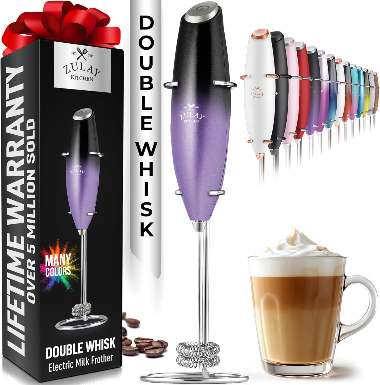 Zulay Kitchen Powerful Double Whisk Milk Frother Handheld - Foam Maker with Stand - Whisk Drink Mixer for Coffee, Mini Foamer for Latte, Matcha, Frappe, Hot Chocolate & Cappuccino (Black) - PuriLite