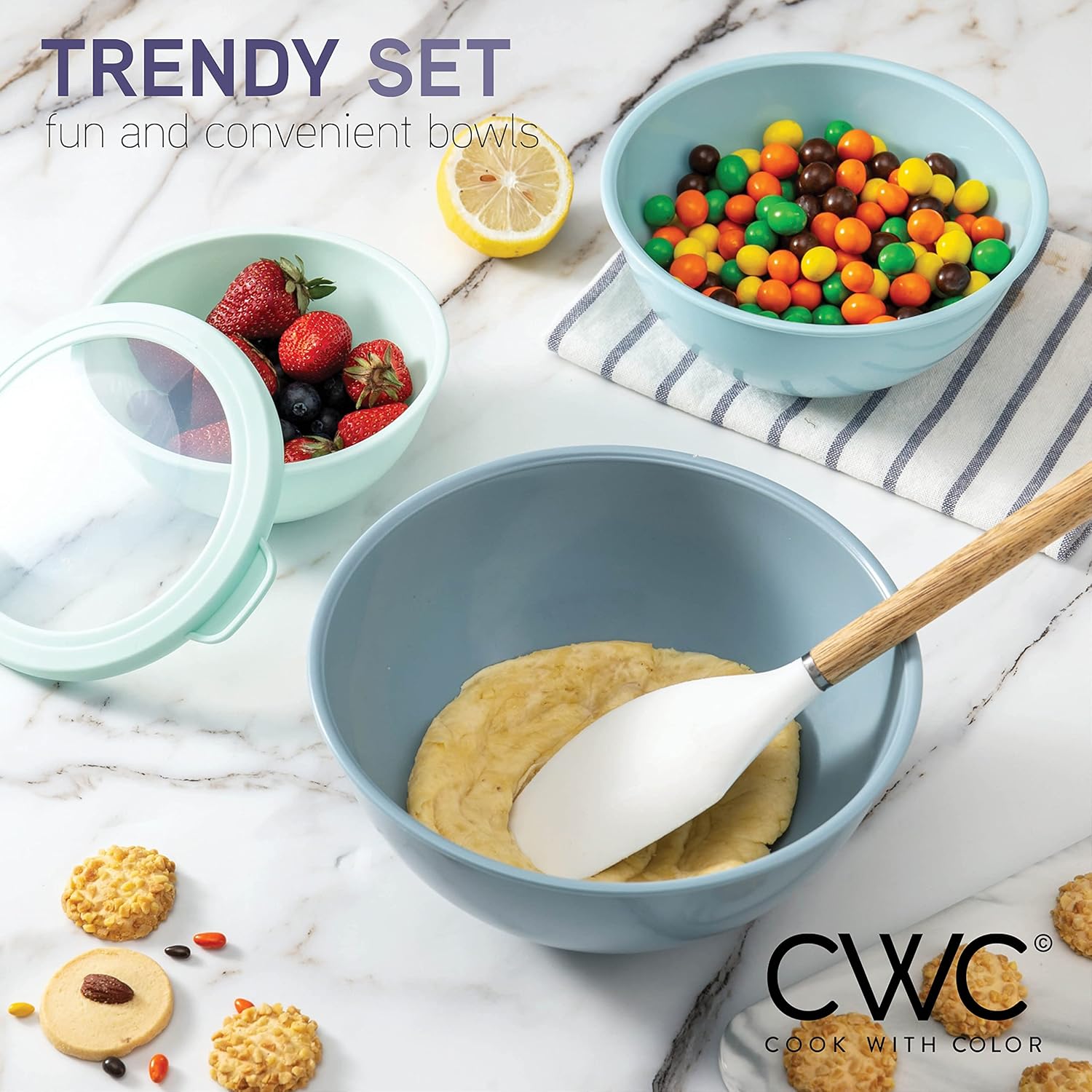 COOK WITH COLOR Mixing Bowls with TPR Lids - 12 Piece Plastic Nesting Bowls Set Includes 6 Prep Bowls and 6 Lids, Microwave Safe Mixing Bowl Set (Mint) - PuriLite