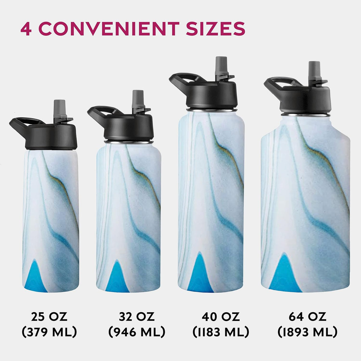 FineDine Water Bottle - Stainless Steel Insulated Water Bottle with Straw Lid, Flip Lid & Wide-Mouth Cap - Keeps Hot and Cold - 25 Oz / 739ml - Pure Pearly White - PuriLite