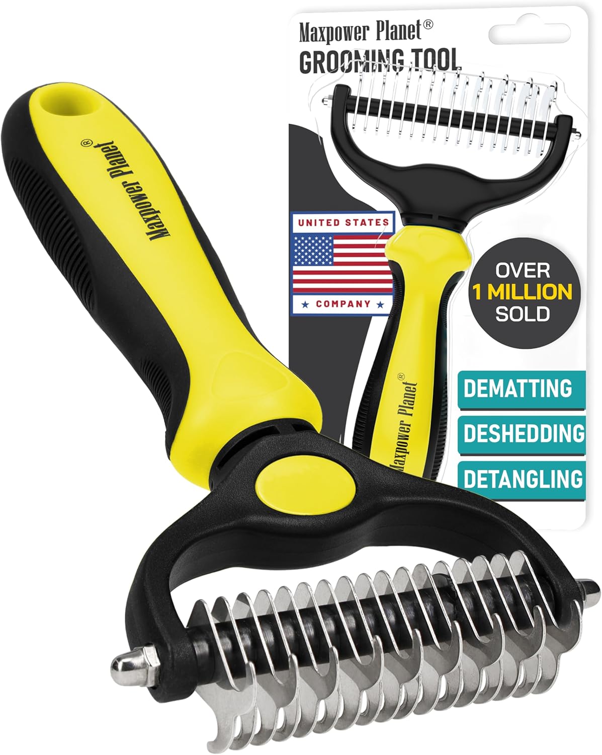Maxpower Planet Pet Grooming Brush - Double Sided Shedding, Dematting - Undercoat Rake for Dogs - Dog Grooming Brush - Deshedding Brush for Dogs - Dog Brush, Cat Brush, Reduce Shedding by 95%, Black - PuriLite