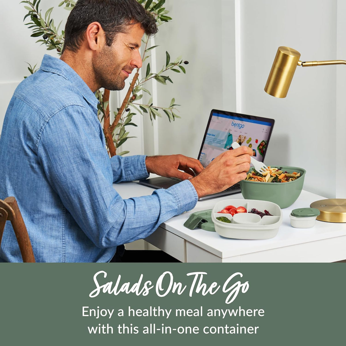 Bentgo Salad - Stackable Lunch Container with Large 54-oz Salad Bowl, 4-Compartment Bento-Style Tray for Toppings, 3-oz Sauce Container for Dressings, Built-in Reusable Fork & BPA-Free (Khaki Green) - PuriLite