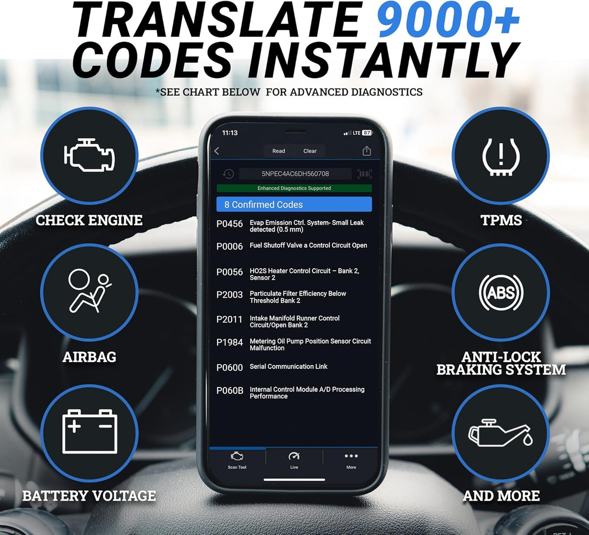 BlueDriver Bluetooth Pro OBDII Scan Tool for iPhone & Android - No Subscription Fee - OBD2 Car Scanner and Code Reader - Diagnose Check Engine, ABS, SRS, Airbag & 7000+ Issues on Vehicles 1996+ - PuriLite