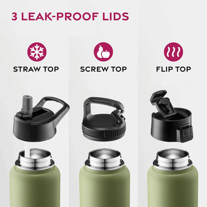 FineDine Water Bottle - Stainless Steel Insulated Water Bottle with Straw Lid, Flip Lid & Wide-Mouth Cap - Keeps Hot and Cold - 25 Oz / 739ml - Pure Pearly White - PuriLite