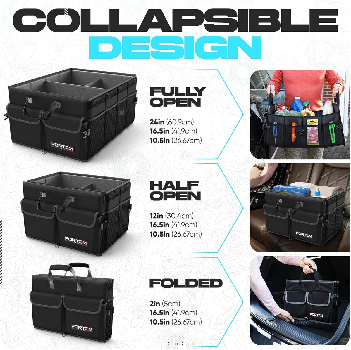 FORTEM Car Trunk Organizer, Collapsible Multi Compartment Car Organizer, Foldable SUV Storage for Car Accessories for Women Men, Non Slip Bottom, Securing Straps, Soft Cover 50L (Black, Standard) - PuriLite
