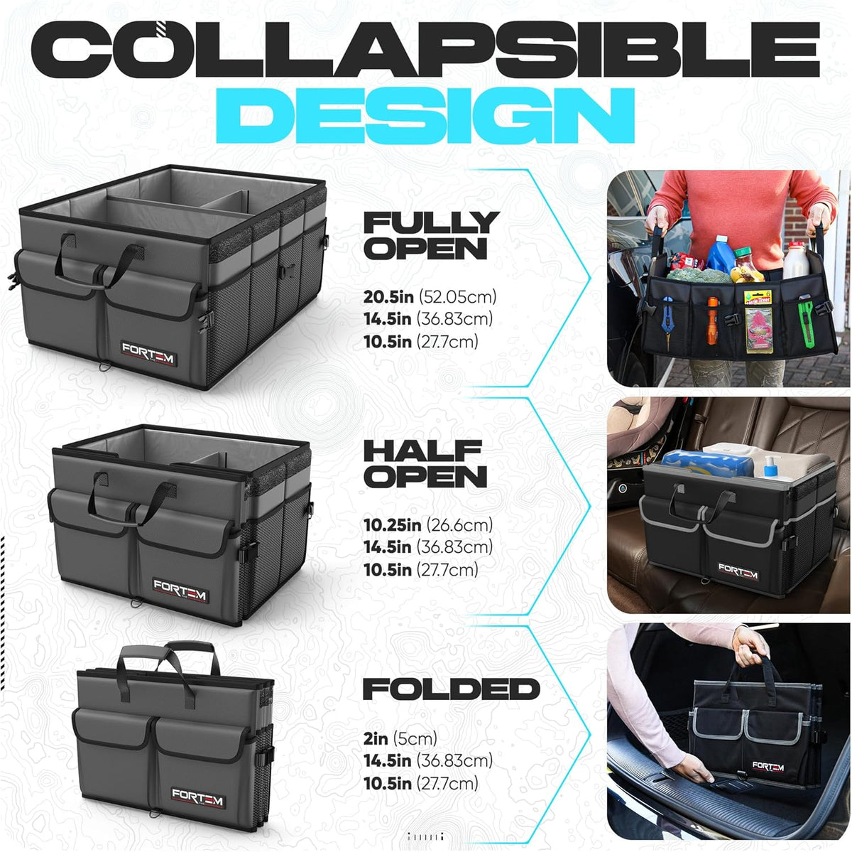 FORTEM Car Trunk Organizer, Collapsible Multi Compartment Car Organizer, Foldable SUV Storage for Car Accessories for Women Men, Non Slip Bottom, Securing Straps, Soft Cover 50L (Black, Standard) - PuriLite
