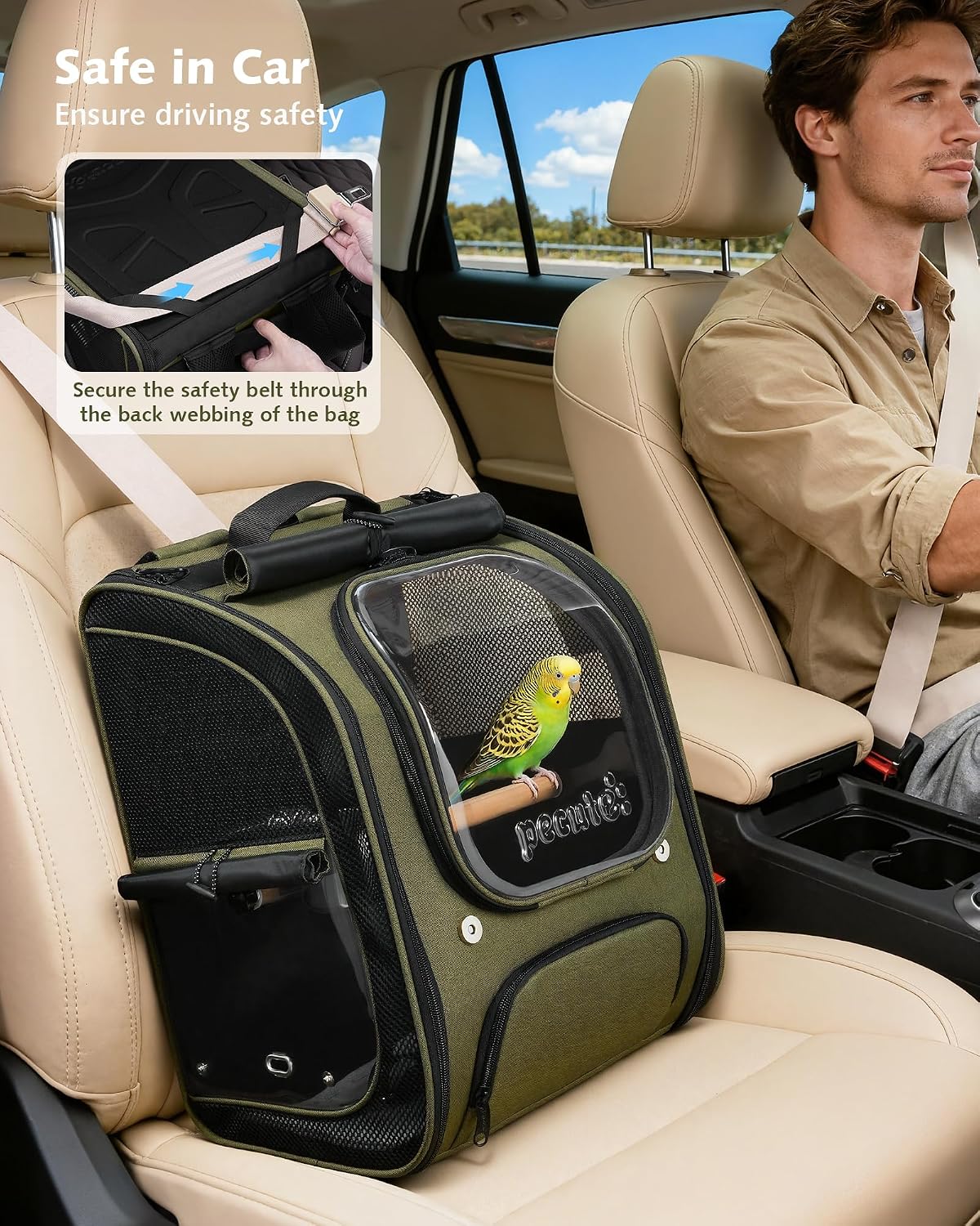 Pecute Bird Travel Carrier Backpack, Breathable Collapsible,Green
