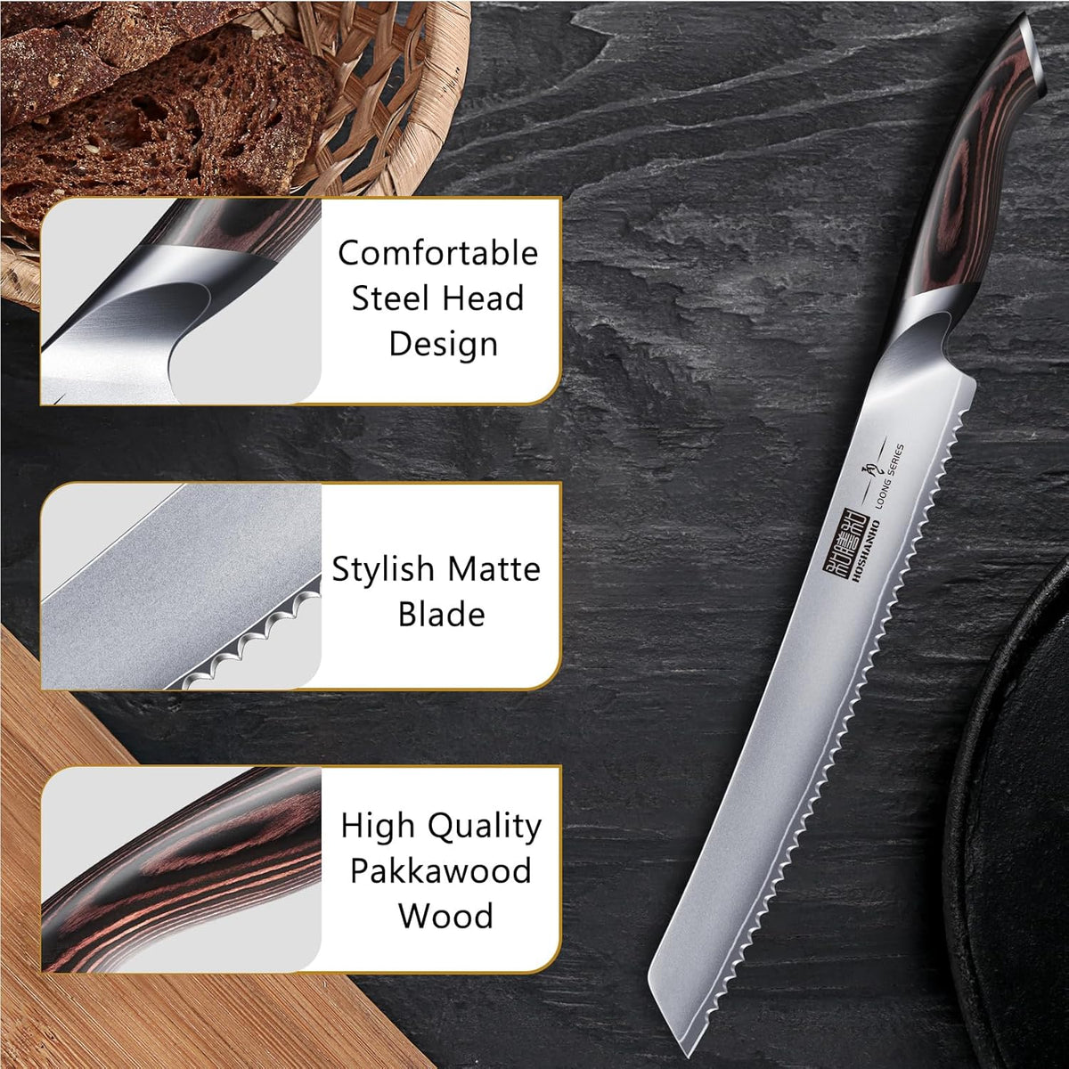 HOSHANHO Bread Knife 10 inch, Japanese High Carbon Stainless Steel Serrated Bread Knife, Professional Bread Cutting Knife for Homemade Bread - PuriLite