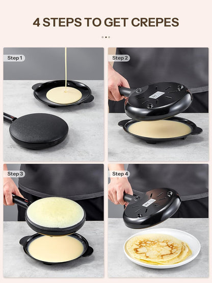 Electric Crepe Maker, 8 Inch(20cm) Portable Crepe Maker Machine With Not-Stick Dipping Plate, Automatic Temperature Control, Nonstick Crepe Pan, Black - PuriLite