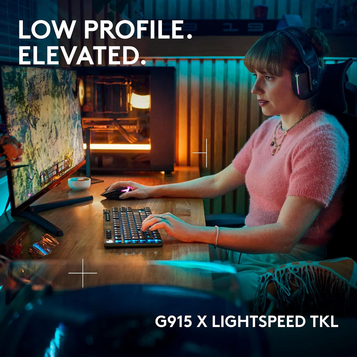 Logitech G915 X Lightspeed TKL Low-Profile Wireless Gaming Keyboard, Double-Shot PBT Keycaps, Fully Programmable Keys, RGB Backlighting, Sleek Aluminum Finishing, GL Brown Tactile - PC/Mac - PuriLite