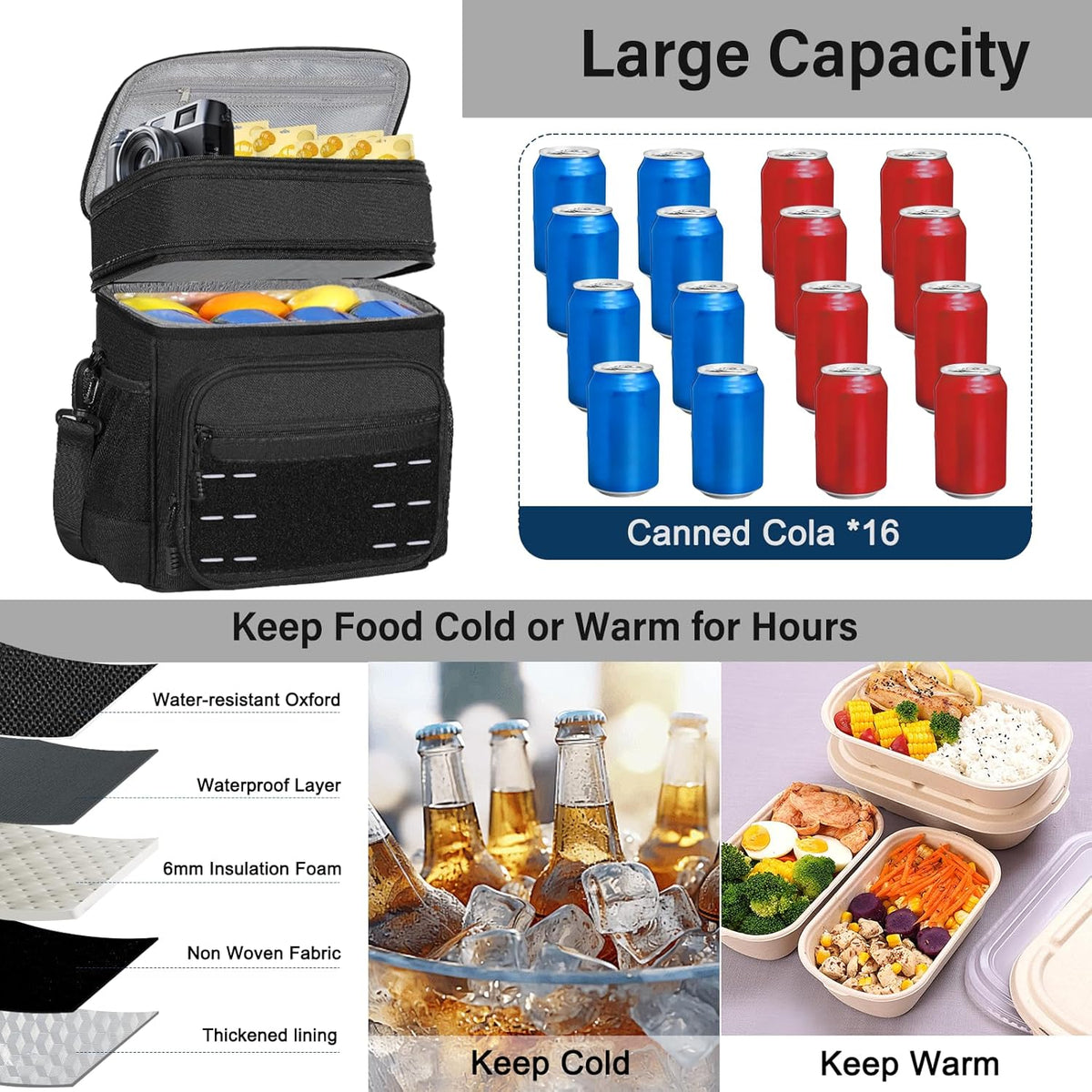 Lunch Box Cooler Bag - Insulated Tactical Lunchbox for Men - XLarge Lunch Pail Lunch Kit for Adults Work Outdoor Shifts Trips Black Camo 25L - PuriLite