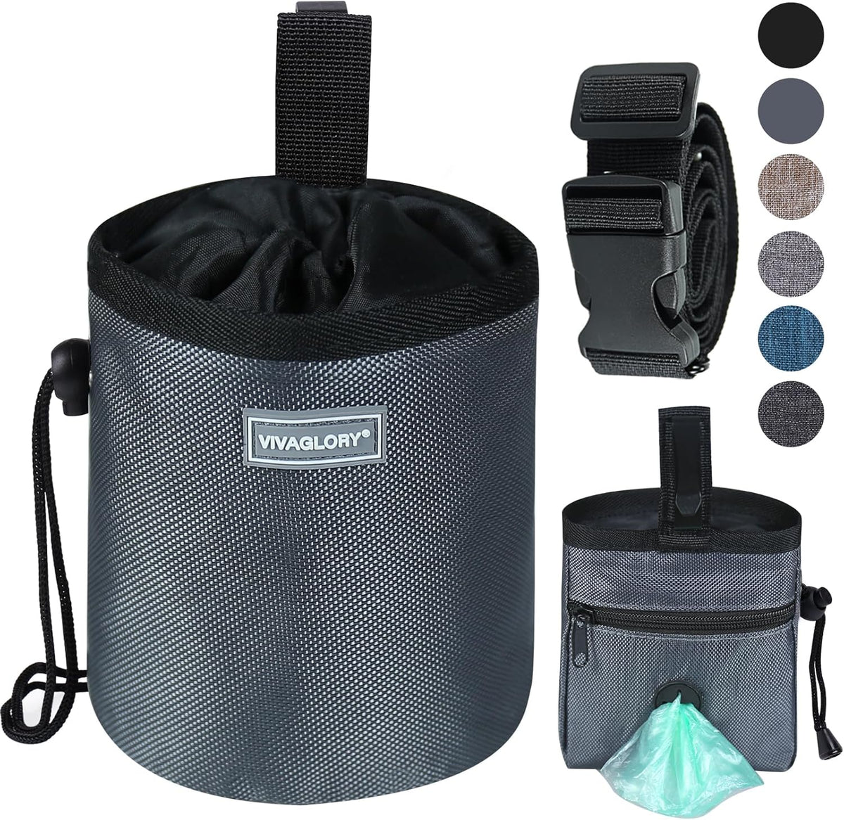 VIVAGLORY Dog Treat Bags, Puppy Pet Dog Training Treats Pouch Hands-Free 2 Ways to Wear with Adjustable Waistband and Built-in Dog Waste Bag Dispenser, Grey - PuriLite