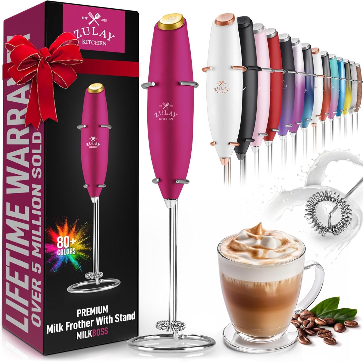 Zulay Kitchen Powerful Double Whisk Milk Frother Handheld - Foam Maker with Stand - Whisk Drink Mixer for Coffee, Mini Foamer for Latte, Matcha, Frappe, Hot Chocolate & Cappuccino (Black) - PuriLite