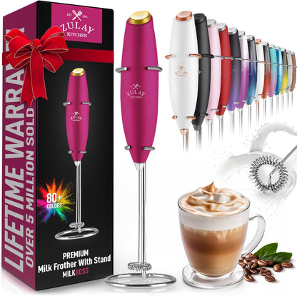 Zulay Kitchen Powerful Double Whisk Milk Frother Handheld - Foam Maker with Stand - Whisk Drink Mixer for Coffee, Mini Foamer for Latte, Matcha, Frappe, Hot Chocolate & Cappuccino (Black) - PuriLite