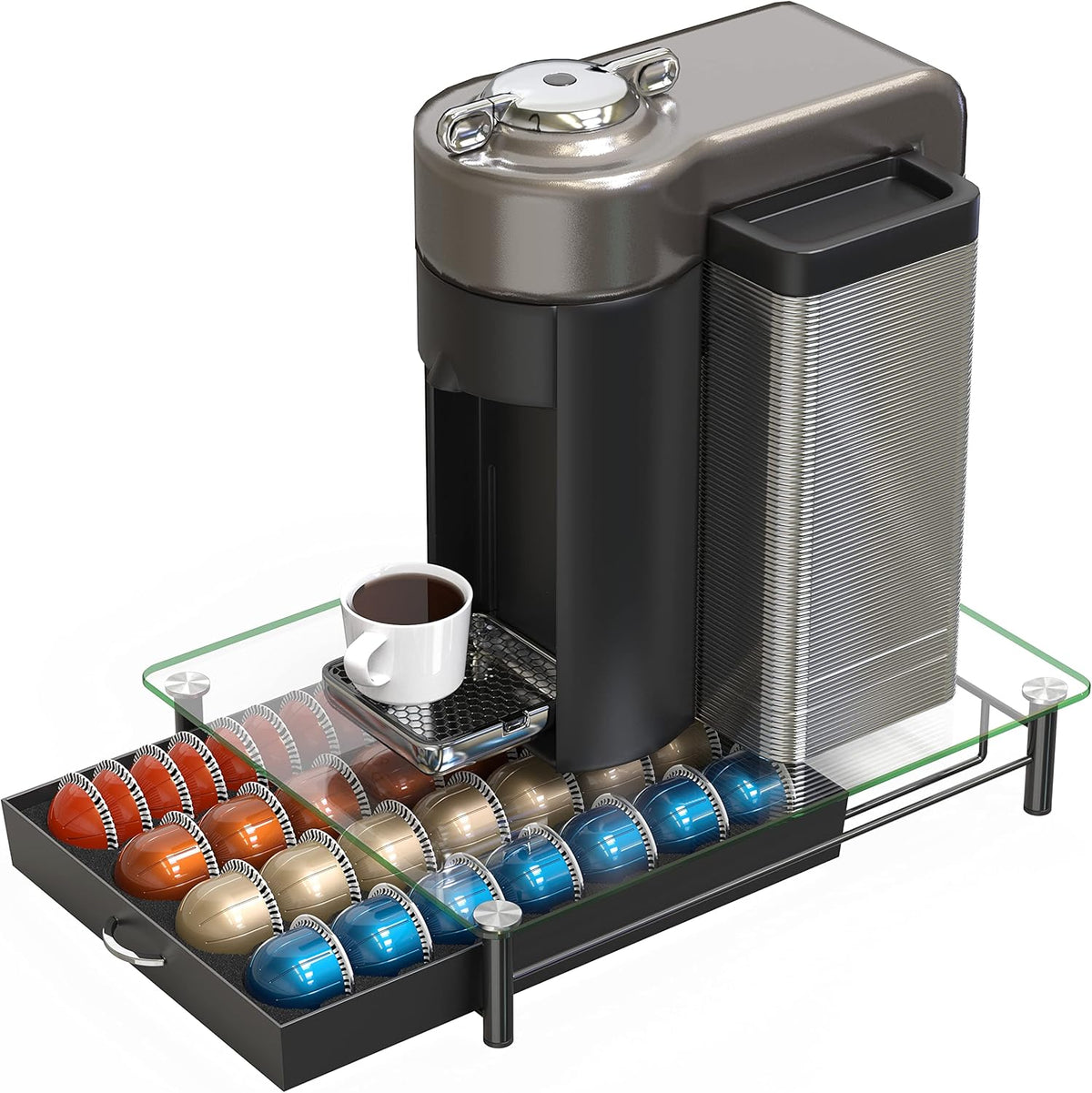 DecoBrothers Vertuo Pod Holder VertuoLine Drawer Storage for Nespresso Coffee Capsules, Crystal Tempered Glass, White - PuriLite