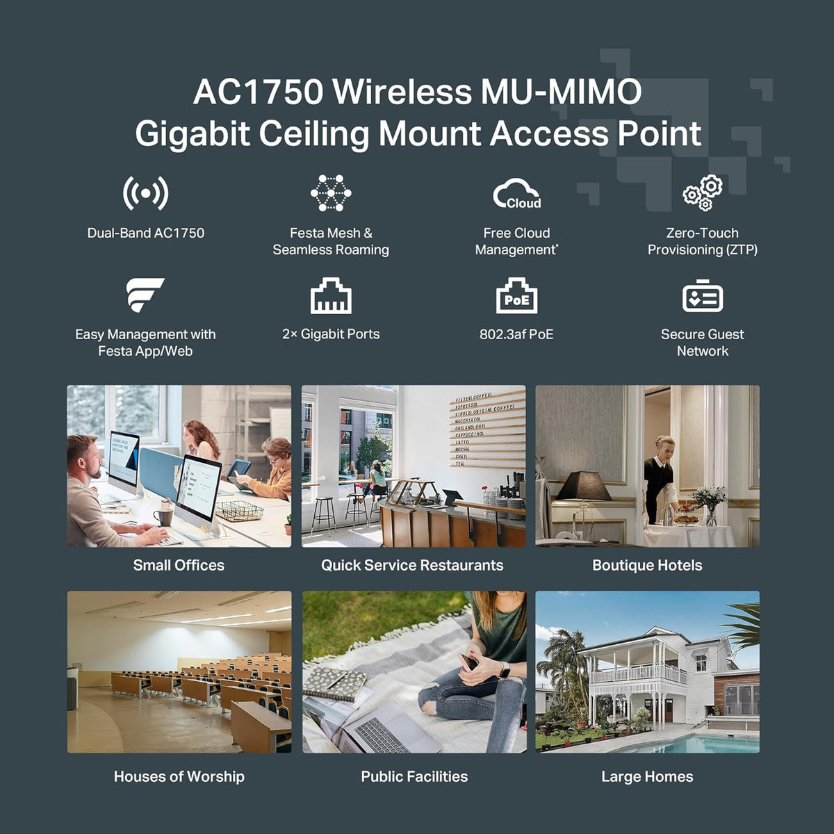 TP-Link Omada AC1750 Gigabit Wireless Access Point (EAP245 V3) - Business WiFi Solution w/Mesh Support, Seamless Roaming & MU-MIMO, PoE Powered, SDN Integrated, Cloud Access & Omada App, White - PuriLite