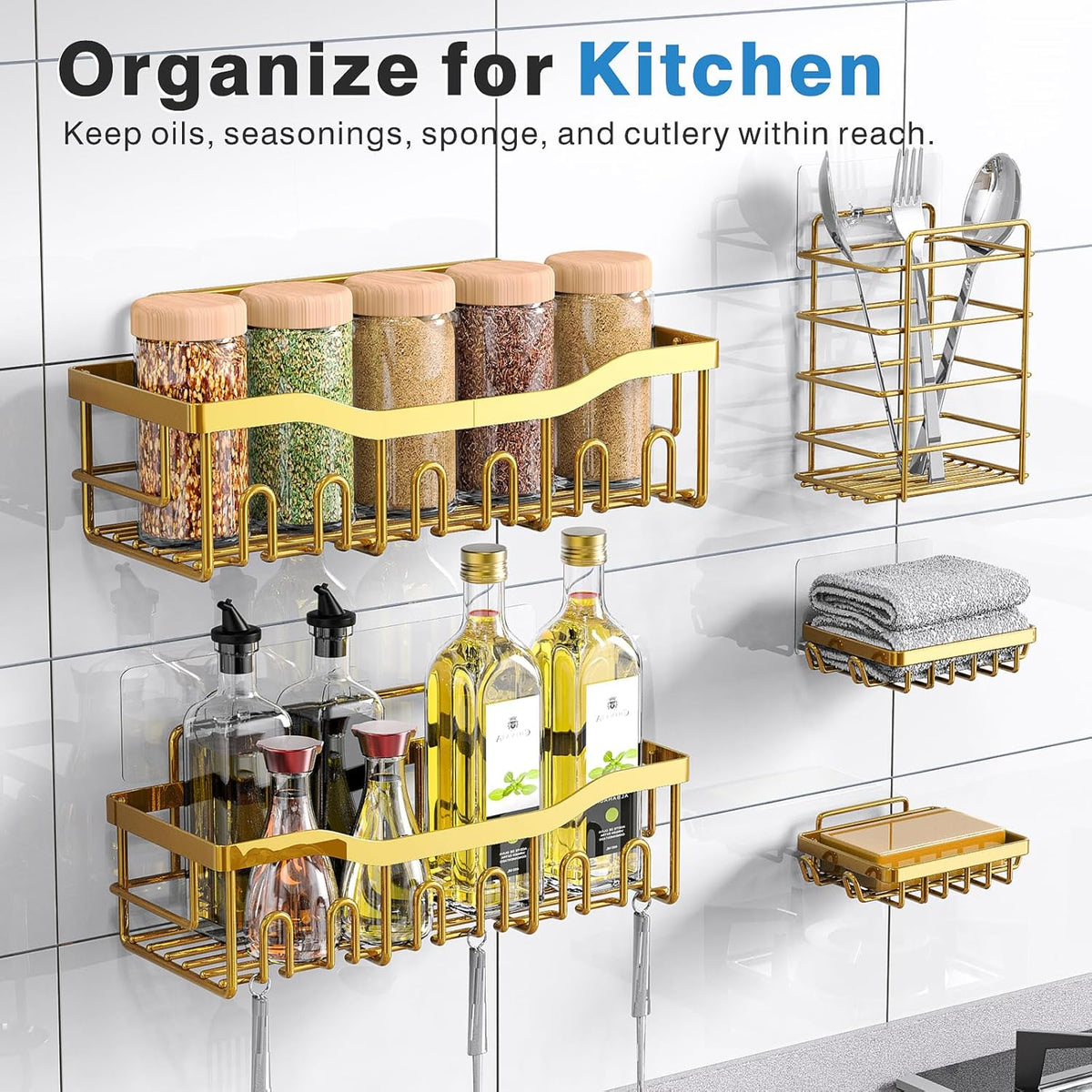 EUDELE 5-Pack Rustproof Stainless Steel Shower Caddy – No Drill Adhesive Bathroom Organizer with Large Capacity, Spacious Shower Shelves for Inside Shower, Kitchen & Home Decor Storage - PuriLite