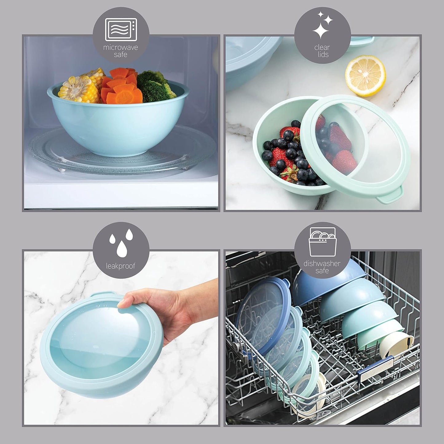 COOK WITH COLOR Mixing Bowls with TPR Lids - 12 Piece Plastic Nesting Bowls Set Includes 6 Prep Bowls and 6 Lids, Microwave Safe Mixing Bowl Set (Mint) - PuriLite