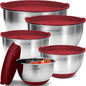 Priority Chef Premium Mixing Bowls with Lids Set, Airtight Lids, Thicker Stainless Steel Mixing Bowl Set, Large Prep Metal Bowls, Nesting Bowls for Kitchen, 1.5/2/3/4/5 Qrt, Red - PuriLite