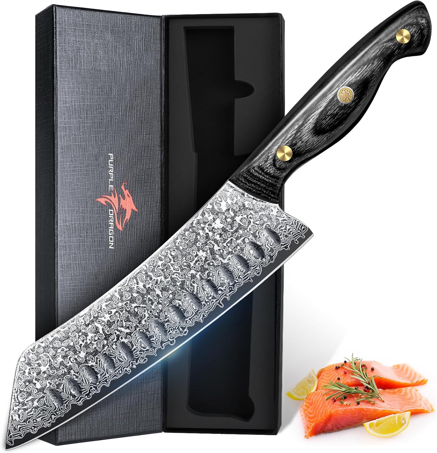 Purple Dragon Damascus Fish Fillet Knife - 7 inch Flexible Boning Knife with VG10 Core, Kitchen Slicing Knife with Full Tang Handle, Birthday Dad Mom Gift - PuriLite