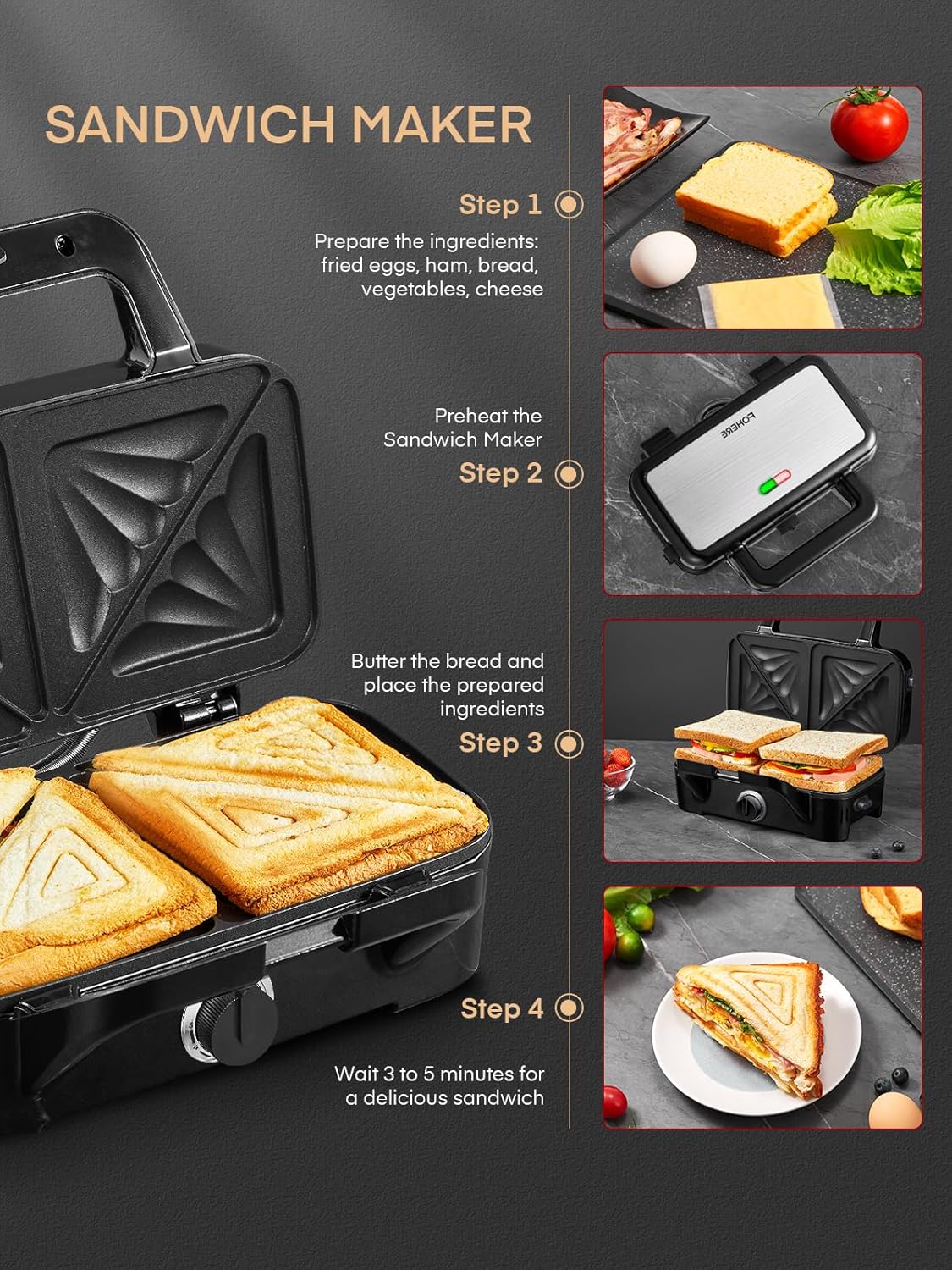 FOHERE 3-in-1 Waffle Maker, Sandwich Maker, Panini Press with Removable Plates, 5-Gear Temperature, LED Indicator Lights, Portable Handle, 1200W Belgian Electric Grill Cheese Machine - PuriLite